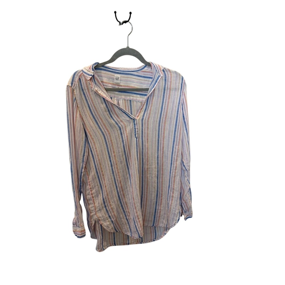 Gap Womens Multi Stripe BF Tunic Linen Shirt Blue Pink Orange Size M 232959-00